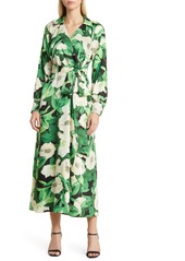 Anne Klein Floral Print Long Sleeve Faux Wrap Midi Dress in Emerald Mint Multi at Nordstrom Rack