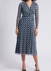 Anne Klein Geo Print Long Sleeve Faux Wrap Midi Dress