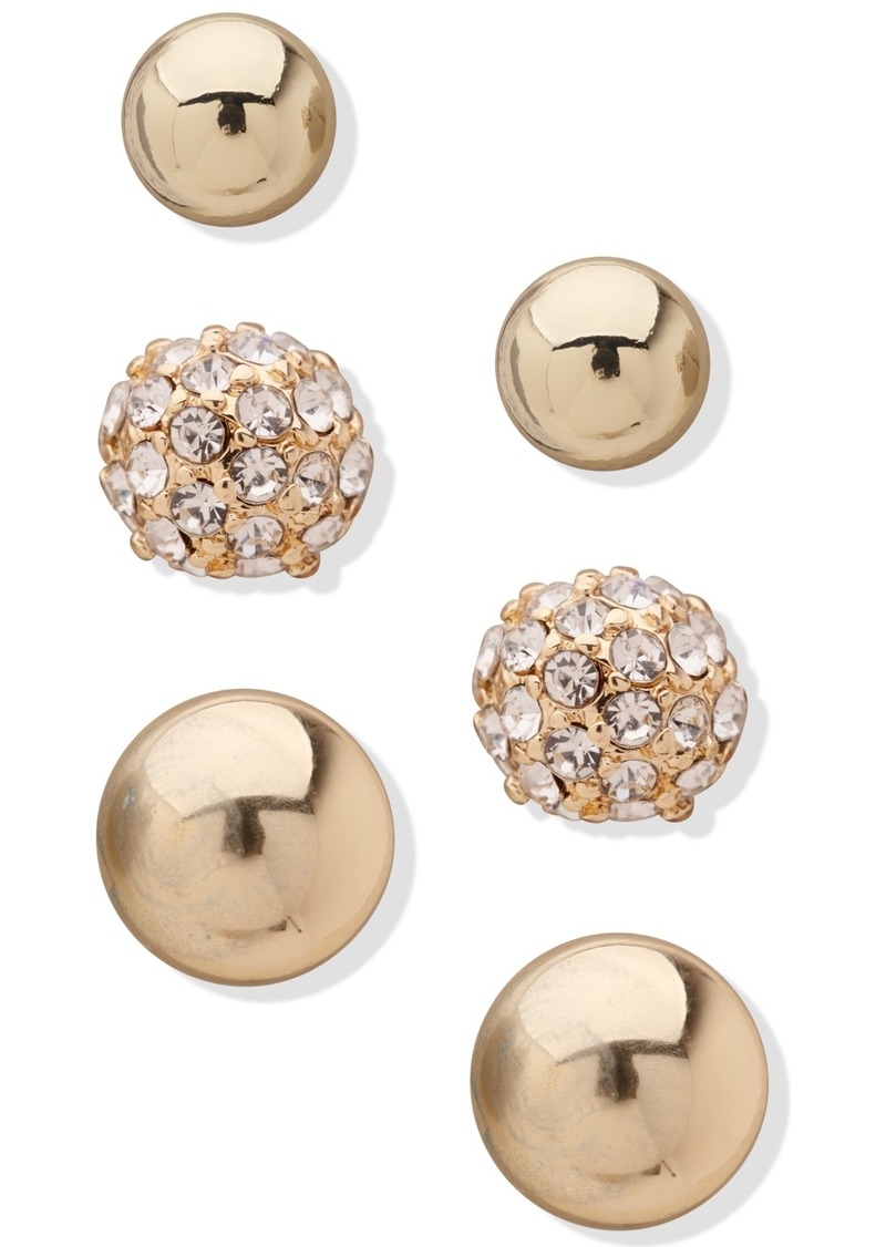 Anne Klein Gold-Tone 3-Pc. Set Pave Stud Earrings - Gold