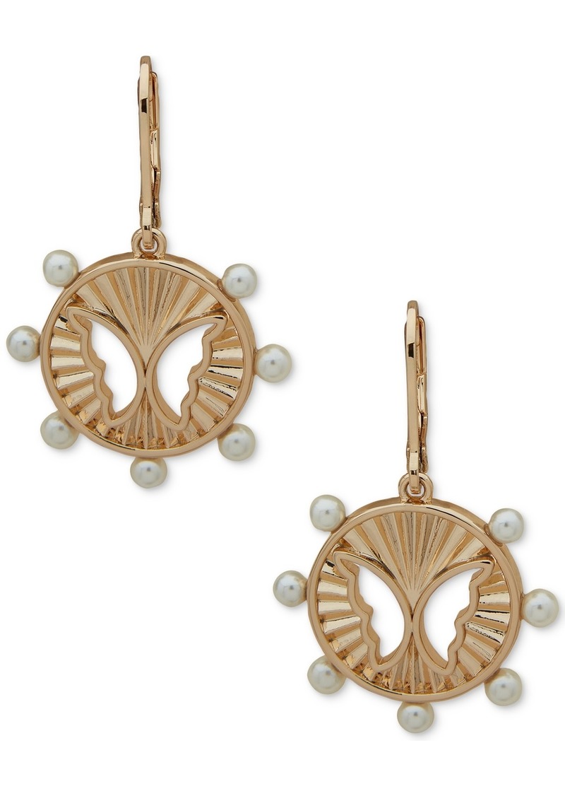 Anne Klein Gold-Tone Beaded Butterfly Motif Drop Earrings - Pearl