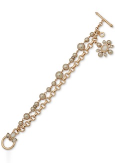 Anne Klein Gold-Tone Crystal & Color Imitation Pearl Flower Charm Double-Row Flex Bracelet - Coco Pearl
