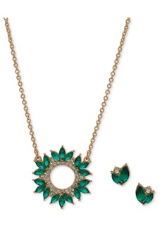 Anne Klein Gold-Tone Crystal & Green Stone Cluster Pendant Necklace & Stud Earrings Set - Green