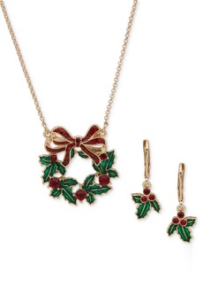 Anne Klein Gold-Tone Crystal Holly Wreath Pendant Necklace & Drop Earrings Set - Multi