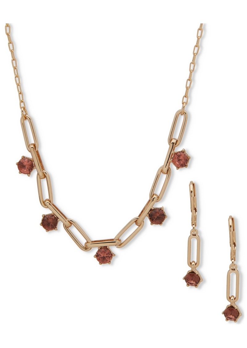 Anne Klein Gold-Tone Crystal Link Frontal Necklace & Drop Earrings Set - Multi