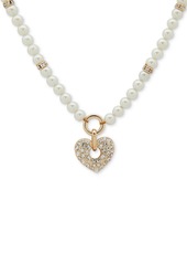 "Anne Klein Gold-Tone Imitation Pearl & Pave Heart Pendant Necklace, 16"" + 3"" extender - Pearl"