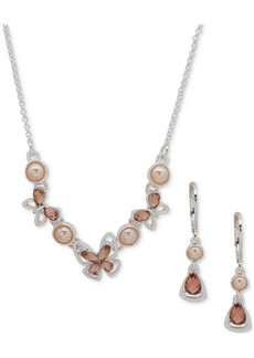 Anne Klein Gold-Tone Imitation-Pearl Crystal Butterfly Necklace & Drop Earrings Set - Pink