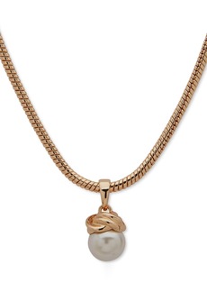 "Anne Klein Gold-Tone Imitation Pearl Knot Pendant Necklace, 16"" + 3"" extender - Crystal"