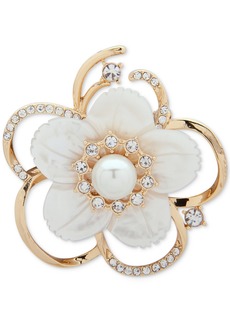 Anne Klein Gold-Tone Imitation Pearl, Mother-of-Pearl & Crystal Flower Pin, Created for Macy's - White