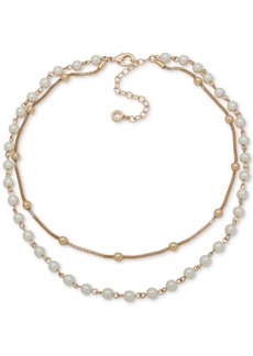 "Anne Klein Gold-Tone Imitation-Pearl Multi-Row Necklace, 16"" + 3"" extender - Crystal"