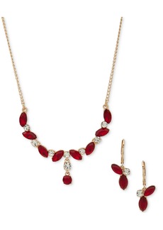 Anne Klein Gold-Tone Mixed Crystal Lariat Necklace & Drop Earrings Set - Red