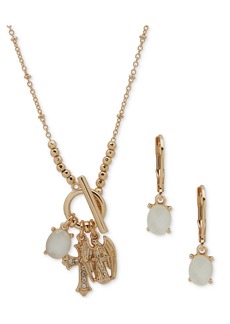 Anne Klein Gold-Tone Mixed Stone Cross Multi-Charm Pendant Necklace & Drop Earrings Set - White