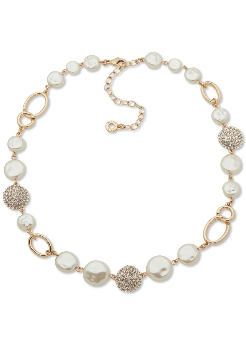 "Anne Klein Gold-Tone Pave & Imitation Pearl Disc Collar Necklace, 16"" + 3"" extender - Crystal"