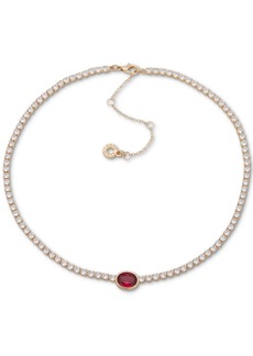 "Anne Klein Gold-Tone Pave Crystal Oval Pendant Tennis Necklace, 16"" + 3"" extender - Red"
