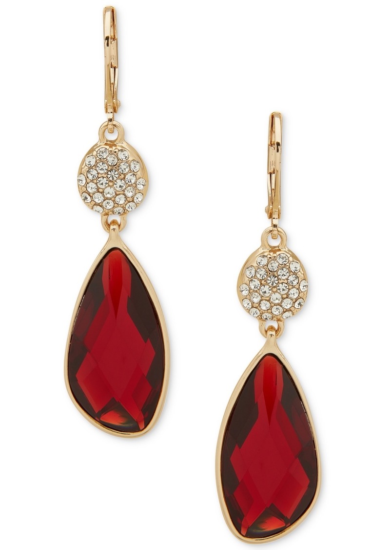 Anne Klein Gold-Tone Pave Disc & Color Stone Double Drop Earrings - Red