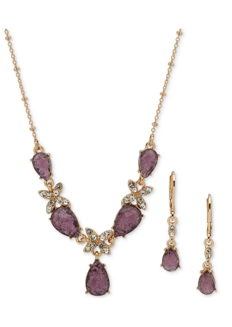 Anne Klein Gold-Tone Pave Flower & Stone Lariat Necklace & Drop Earrings Set - Multi