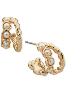 "Anne Klein Gold-Tone Small Imitation Pearl Double-Row C-Hoop Earrings, 0.56"" - Pearl"