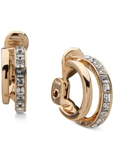 "Anne Klein Gold-Tone Small Square Crystal Double-Row Clip-On Hoop Earrings, 0.68"" - Crystal"