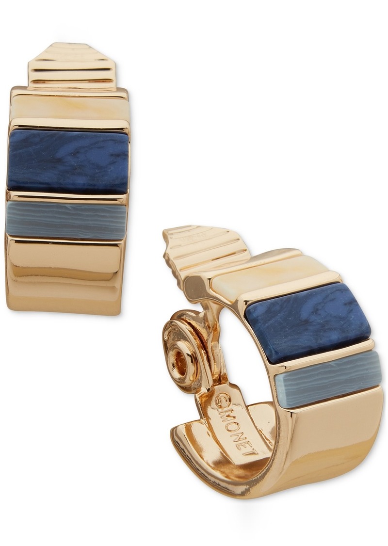 "Anne Klein Gold-Tone Small Stone Inlay Clip-On Huggie Hoop Earrings, 0.77"" - Blue/Gold"