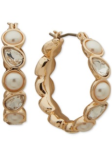 "Anne Klein Gold-Tone White Imitation Pearl & Crystal Small Hoop Earrings , 0.85"" - Pearl"