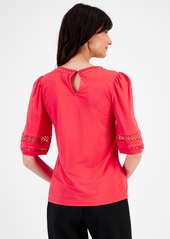 Anne Klein Women's Harmony Knit Open-Trim Elbow-Sleeve Top, Created for Macy's - Red Pear