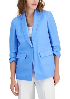 Anne Klein Petite Linen Single-Button Ruched-Sleeve Jacket - Shore Blue