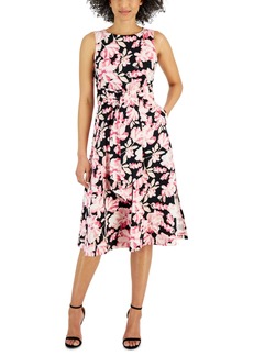 Anne Klein Women's Printed Tie-Front Sleeveless Midi Dress - Camellia/Anne Black Multi