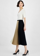 Anne Klein Petite Pull-On Colorblocked Pleated Skirt - Anne Black/Latte/Anne White