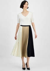 Anne Klein Petite Pull-On Colorblocked Pleated Skirt - Anne Black/Latte/Anne White