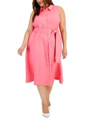Anne Klein Plus Size Button-Down Tie-Waist Sleeveless Shirtdress - Camellia