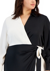 Anne Klein Plus Size Colorblocked Wrap Midi Dress - Anne Black/ Anne White