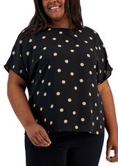 Anne Klein Plus Size Dot-Print Bateau-Neck Short-Sleeve Blouse - Anne Black/Anne White