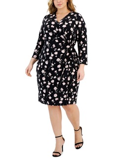Anne Klein Plus Size Floral-Print Classic Wrap Dress - Black/Cherry Blossom Multi