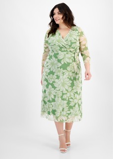 Anne Klein Plus Size Floral-Print Midi Wrap Dress - Foliage Mu