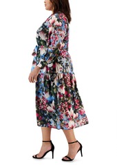 Anne Klein Plus Size Floral-Print Tiered Midi Dress - Black Amaranth Multi