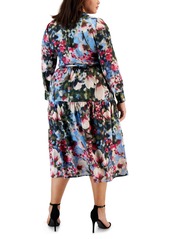 Anne Klein Plus Size Floral-Print Tiered Midi Dress - Black Amaranth Multi