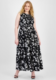 Anne Klein Plus Size Floral Smocked-Bodice Maxi Dress - Anne Black/Bright White