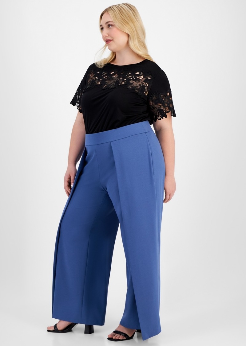 Anne Klein Plus Size Flyaway Cool Crepe Wide-Leg Pull-On Pants - Blue Jay