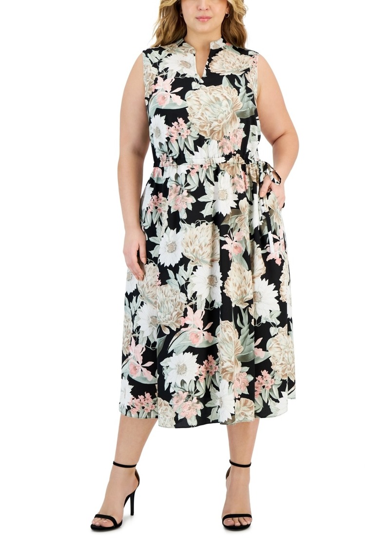 Anne Klein Plus Size Jenna Floral Drawstring-Waist Dress - Black/crema Multi