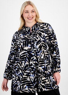 Anne Klein Plus Size Printed Blouson-Sleeve Tunic - Blue Jay/Anne Black