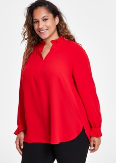 Anne Klein Plus Size Ruffled Split-Neck Long-Sleeve Top - BRIGHT CRIMSON