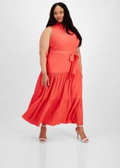 Anne Klein Plus Size Tie-Neck Tiered Maxi Dress - Red Pear