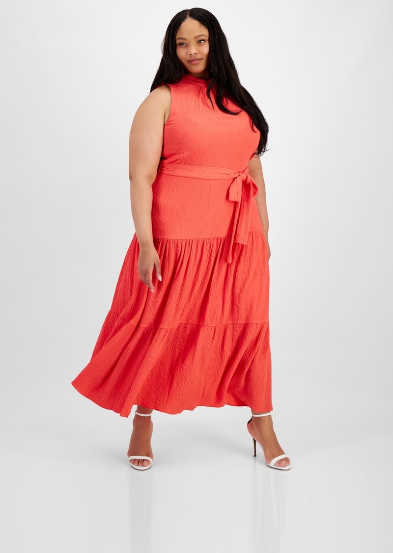 Anne Klein Plus Size Tie-Neck Tiered Maxi Dress - Red Pear