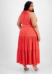 Anne Klein Plus Size Tie-Neck Tiered Maxi Dress - Red Pear