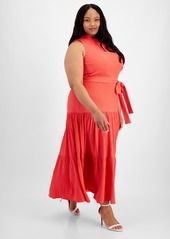 Anne Klein Plus Size Tie-Neck Tiered Maxi Dress - Red Pear