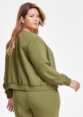 Anne Klein Plus Size Twill Collarless Snap-Front Bomber Jacket - Bay Leaf