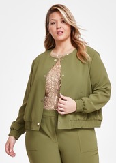 Anne Klein Plus Size Twill Collarless Snap-Front Bomber Jacket - Bay Leaf