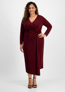 Anne Klein Plus Size V-Neck O-Ring Side-Ruched Dress - Syrah Red