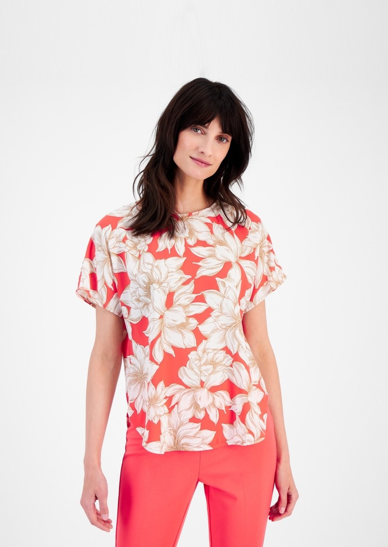 Anne Klein Petite Floral-Print Short-Sleeve Blouse - Red Pear/Brown