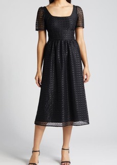 Anne Klein Puff Sleeve Geometric Lace Midi Dress