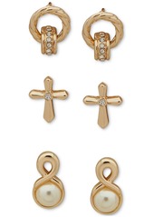 Anne Klein Purple Cross Ornament & Gold-Tone 3-Pc. Earrings Set - Crystal